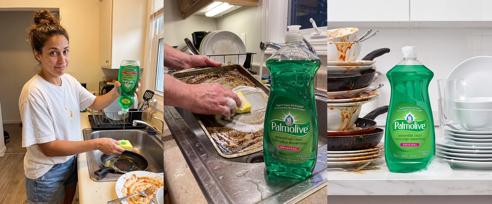 Anúncios feitos com IA pra uma marca de detergente: uma mulher usando o produto na pia da cozinha, um close esfregando uma assadeira engordurada e uma foto limpa do produto ao lado de uma pilha de louça suja