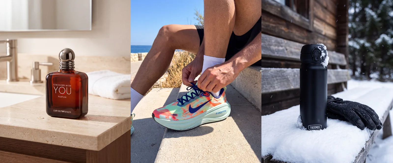 Fotos de produto de e-commerce feitas com IA: um frasco de perfume numa bancada de mármore, um tênis sendo amarrado à beira-mar e uma garrafa térmica na neve em frente a uma cabana