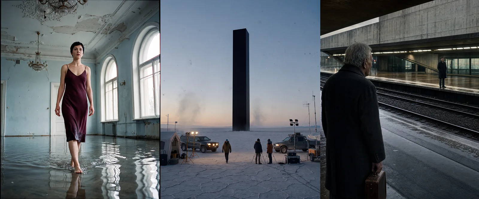 Quadros de cinema feitos com IA: uma mulher atravessando um salão de baile alagado, uma equipe de filmagem diante de um monólito num deserto de sal congelado e dois homens frente a frente numa plataforma de trem