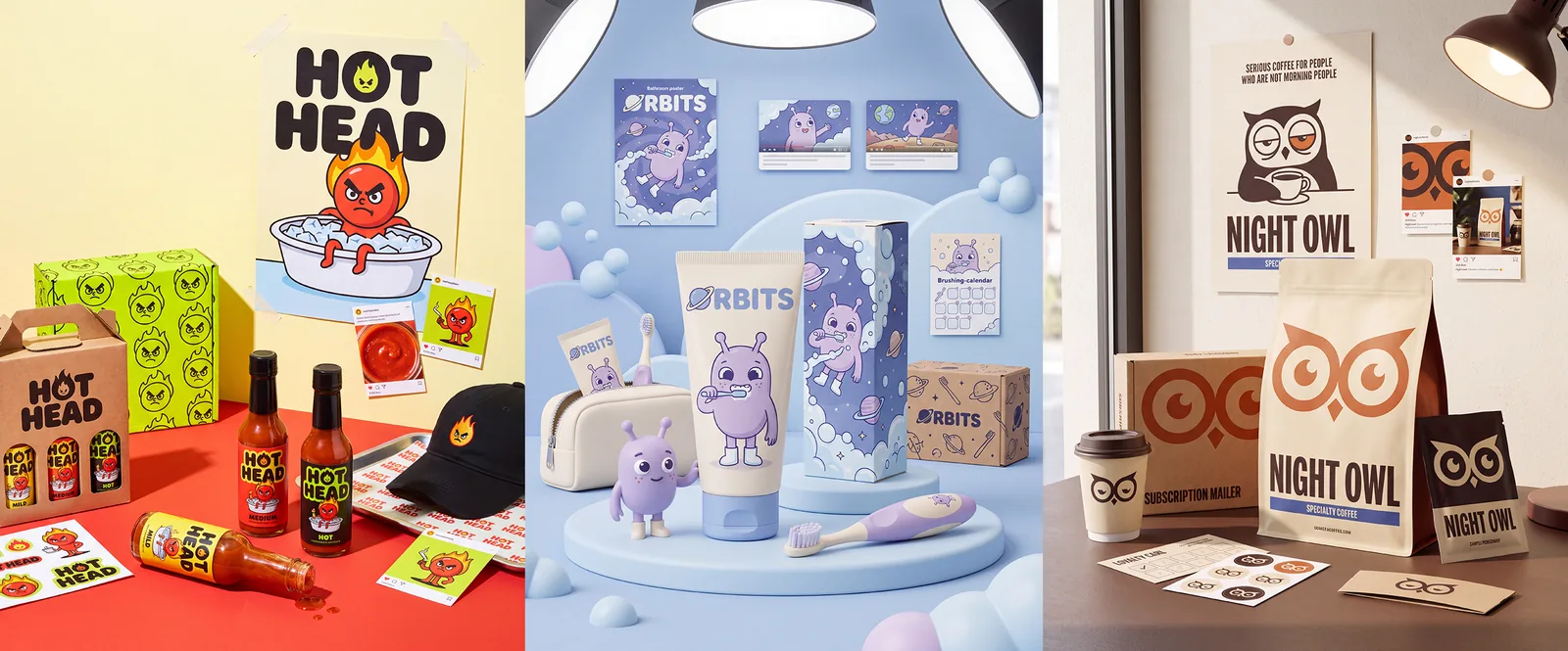 Três identidades de marca completas feitas com IA: molho de pimenta Hot Head com mascote, embalagem e produtos; creme dental infantil Orbits com personagem e cartazes; e café especial Night Owl com logo, pacotes e cartão fidelidade