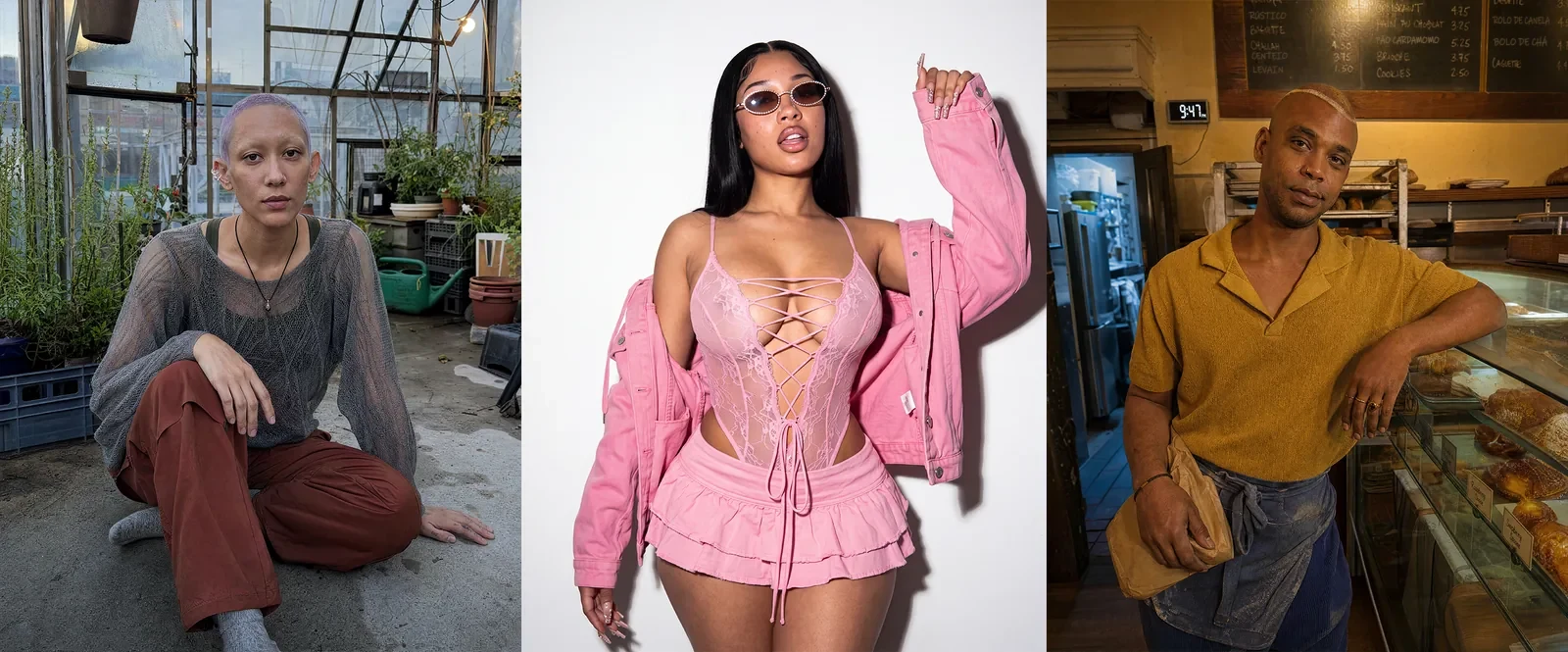 Três avatares de IA fotorrealistas — nenhuma dessas pessoas existe: uma mulher numa estufa, uma influenciadora num estúdio e um padeiro atrás do balcão