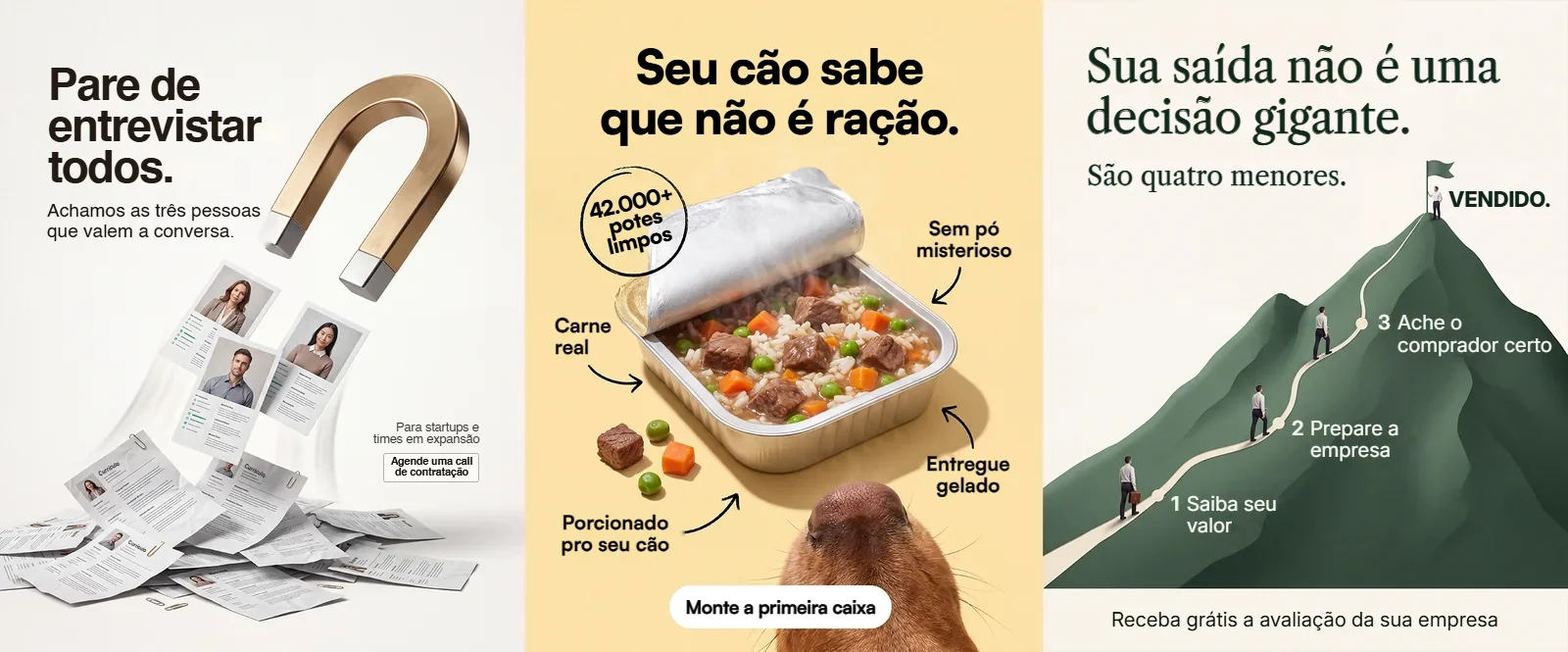 Três anúncios de rede social feitos com IA: um anúncio de vaga com um ímã dourado puxando currículos, um anúncio de ração fresca pra cachorro e um anúncio de venda de empresa com uma trilha de montanha até o topo